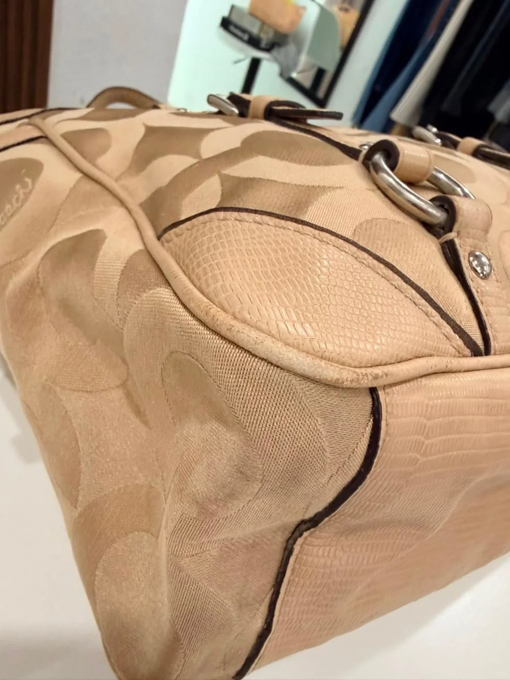 Coach Chelsea Y2K Canvas Leather OP Art Nuetral Tan Tote Shoulder Bag Purse